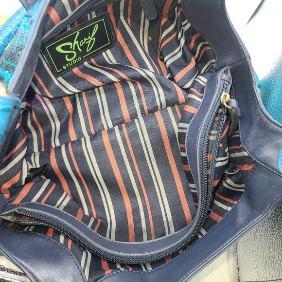 Sharif MSRP$175 Studio Blue/Green Croc Textured Embossed Leather Tassel Satchel - Picture 14 of 15